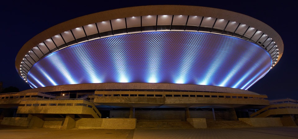 An office building lit up with LED lights